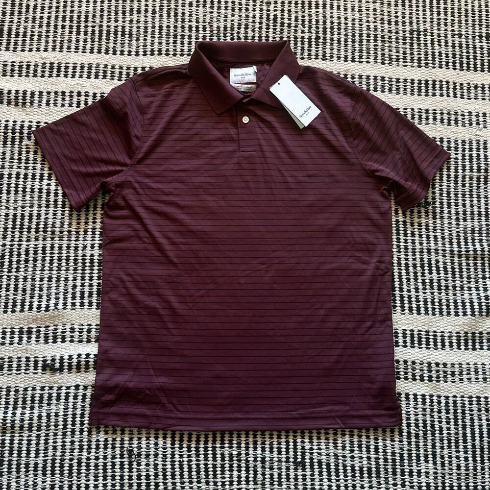 Goodfellow Size Large Burgundy & Black Striped standard fit men’s Polo shirt NWT